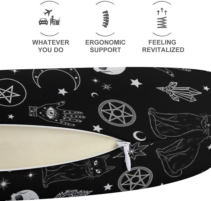 Women’s Travel Pillow U-Shaped Memory Foam Neck Rest, Skull Cat Moon Gothic Pattern Black U-Shape, Washable Airplane Car Support