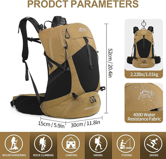 Hiking Backpack, Waterproof Hiking Daypack with 3L Water Bladder and Rain Cover, Lightweight Travel Camping Backpack for Men Women (Khaki)