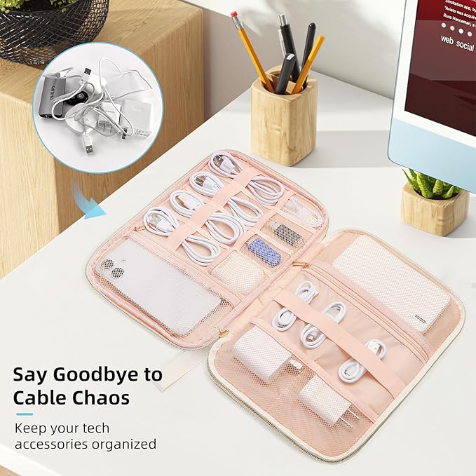 Electronics Organizer Travel Case, Charger Bag Cord Organizer Travel, All-in-One Cable Organizer Bag for Charger, Cords, Phone, Headphones, Flash Drive, SD Card (Beige, Large-Double Layer)