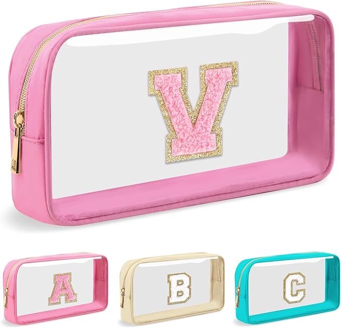 Personalized Initial Letter Clear Makeup Bag,Preppy Small Nylon&PVC Cosmetic Zipper Bag with Chenille Letter,Portable Beach Travel Skincare Toiletry Bag,Trendy Monogram Gift for Teen Girls Women,V