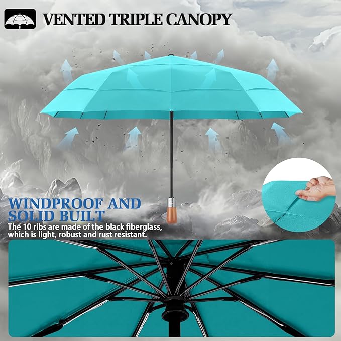 Umbrellas for Rain, 47" Large Windproof Travel Umbrella, Triple-Layer Vented Canopy, 10 Fiberglass Ribs, Auto Open Close Compact Umbrella, Wooden Handle, Heavy Duty for Commute, Gifts for Men & Women