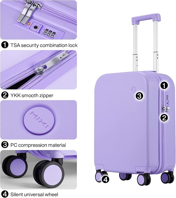 mixi Carry on Luggage, 20'' Suitcase Spinner Wheels Luggage Hardshell Lightweight Rolling Suitcases PC with Cover & TSA Lock for Business Travel, Lilac Purple
