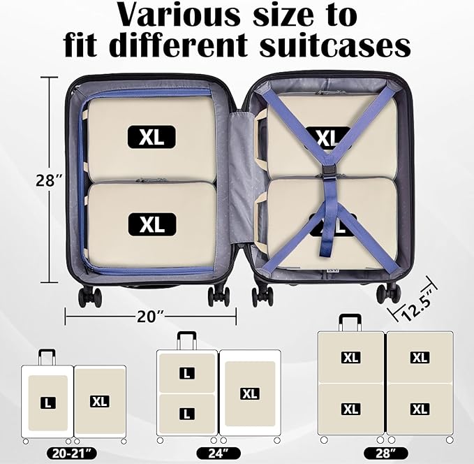 Extra Large Compression Packing Cubes for Travel Essentials, 2 Set Expandable Travel Cubes for Packing Compression Bags Luggage Suitcase Organizer, Cream