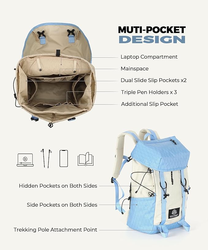 Hiking Backpack for Women Men Lightweight Camping Backpack with Rain Cover 30L Waterproof Hiking Daypack Bag with Hiking Pole Carrying System for Travel Trekking Mountaineering Large Capacity (Blue)