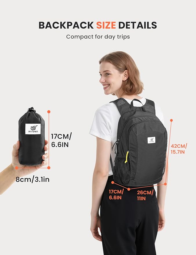 SKYSPER 16L Hiking Backpack Lightweight Small for Women Men, Foldable Packable Daypack - Travel Camping Backpack, Outdoor Hiking Bag （Black）