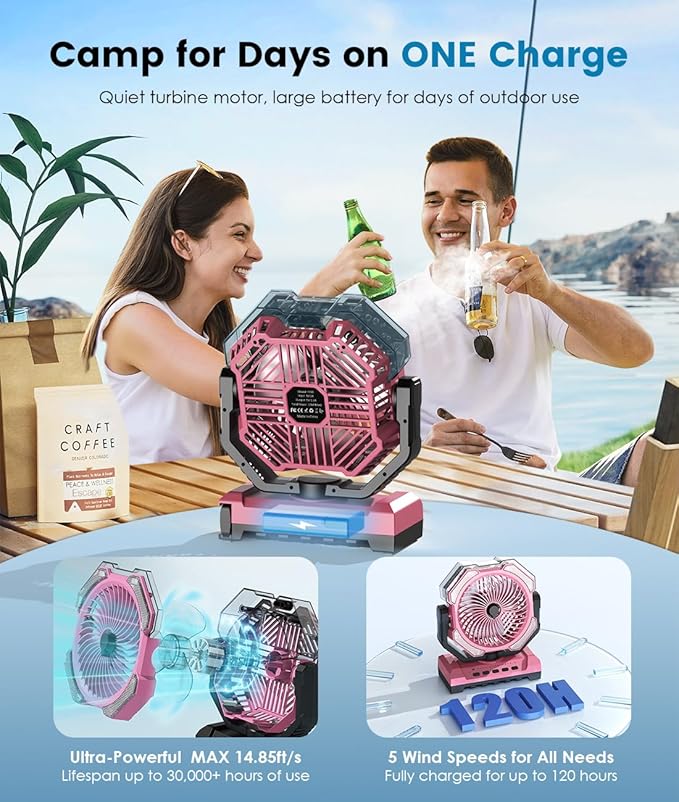 Misting Fan - Pink Portable Rechargeable Fan with 9oz Water Tank, Light, Hook - Versatile, 120H MAX Cooling, Last 5H Mist, 4 Speed, Sleep Mode - Outdoor Fans for Camping, Travel, Patios