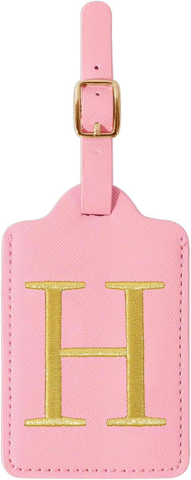 Personalized Initial Luggage Tags for Suitcase, Pink Leather Cute Luggage Tags with Privacy Cover Name Card, Embroidered Custom Monogrammed Luggage Tag Travel Bag Baggage Tags Gifts for Women Kids(H)