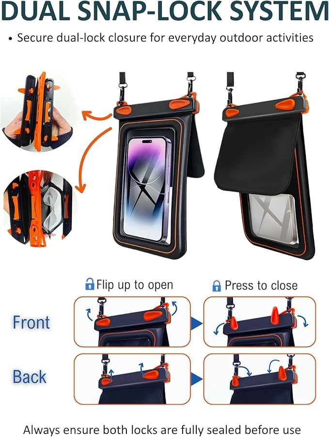 2 Pack Floating Phone Pouch with Dual Compartments, IPX8 Rated Waterproof Case for Rain, Beach, Boating & Kayaking, Clear Touch Screen, Fits Phones Up to 8.5”(Black-Black)