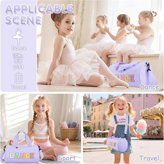 Dance Ballet Bag for Girls, Personalized Sport Gym Workout Toddler Duffel Bag Small Cheer Dance Bags, Cute Chenille Letter Waterproof Duffel Bags Gifts for Teens Girl Dancers Athletes(Purple)