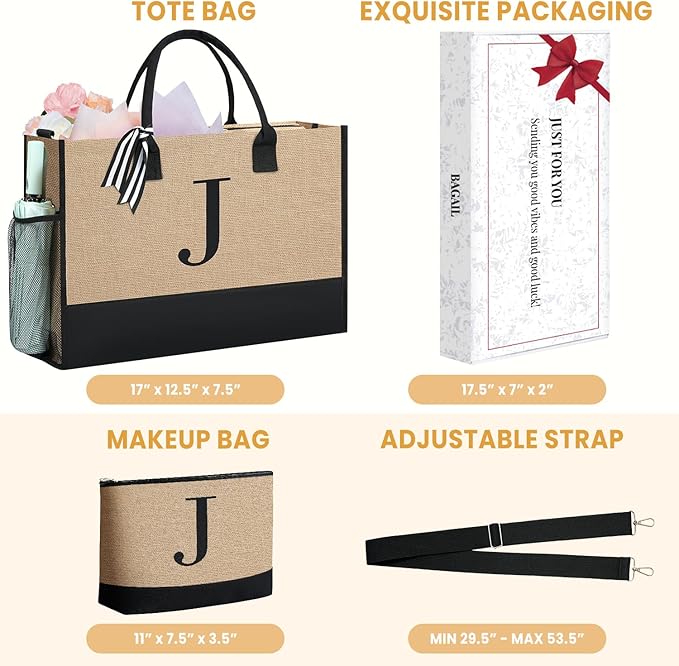 BAGAIL Initial Tote Bag, Personalized Birthday Gifts for Women, Teacher, Friends, Mom, Wedding, Monogrammed Beach Bag