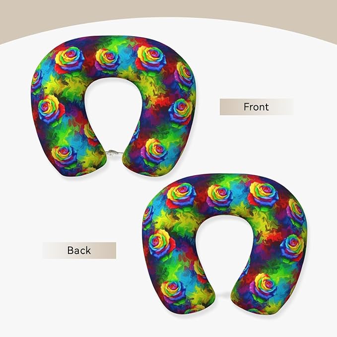 Comfortable Travel Pillow for Pain Relief Sleeping, Memory Foam Airplane Car Neck Pain Pillows Trippy Tie Dye Rose Colorful, Funny Chin Head Support Cushion