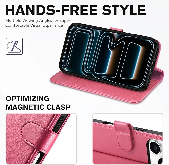 TUCCH Wallet Case for iPhone 17 Pro (6.3") 2025, 4 Card Slots | RFID Blocking | Stand | Shockproof TPU Shell | PU Leather | Magnetic Closure | Protective Flip Folio Cover | Hot Pink