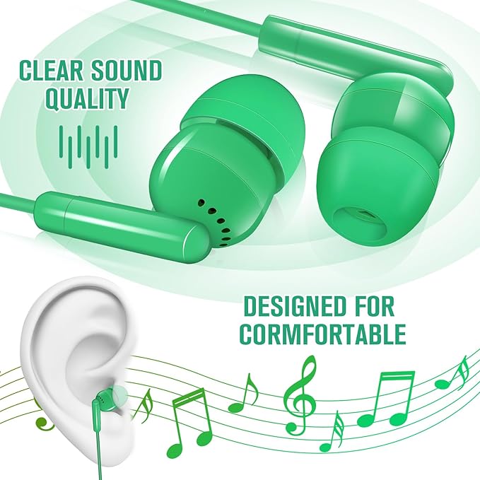Kanayu 100 Packs Earbuds Bulk Basic Student Earphone Individually Bagged 3.5 mm Headphones for Schools Classrooms Library Teens Gift(Green)