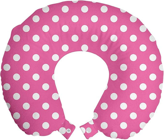 Ambesonne Pink Polka Dots Travel Pillow Neck Rest, Rows and Columns Ordered Arrangement Feminine Abstraction Graphical, Memory Foam Traveling Accessory for Airplane and Car, 12", Pink and White