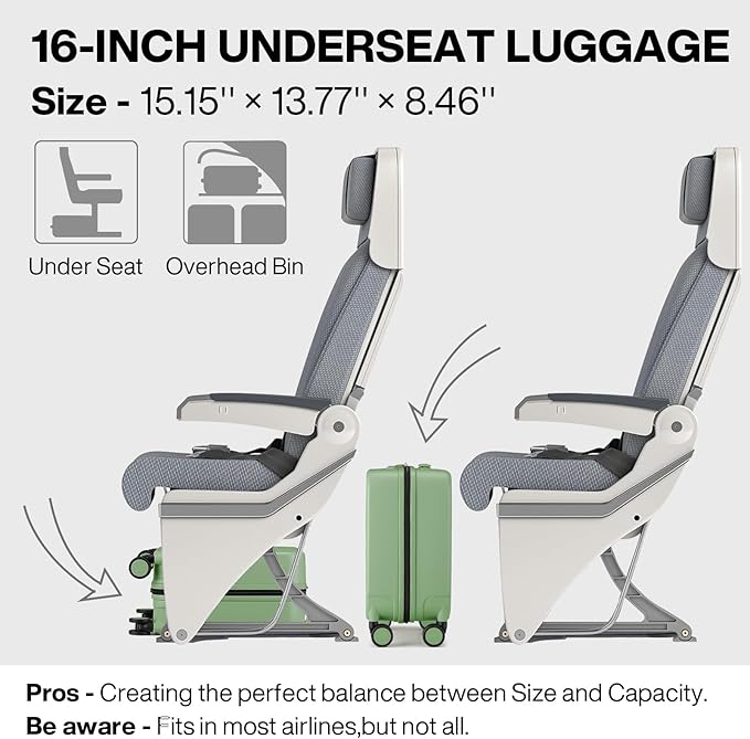 mixi Underseat Carry on Luggage 16 Inch Hardshell PC Suitcase with Spinner Wheels TSA Lock for Travel, Avocado Green