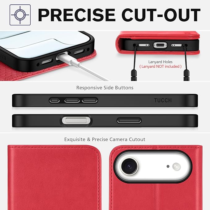 TUCCH Case Wallet for iPhone Air (6.5") 2025, RFID Blocking, 3 Card Holders, Kickstand, PU Leather, Protective Flip Folio Cover, TPU Shockproof Interior Shell, Bright Red