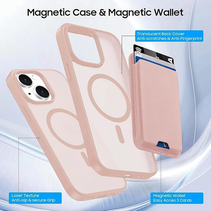 Ntwinro Magnetic for iPhone 15 Case (Compatible with MagSafe) with Detachable Wallet & Card Holder for 3 Cards [RFID Blocking] Military Grade Protective Slim Phone Cover, Pink