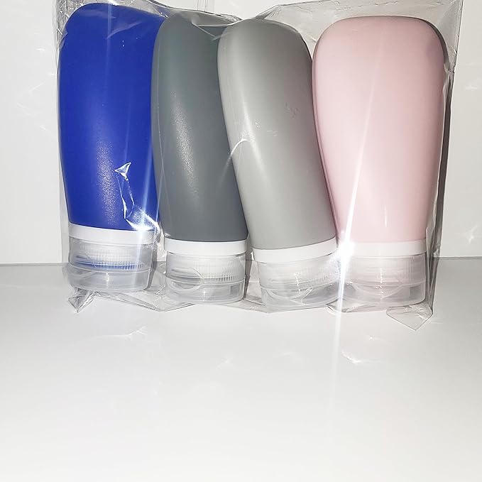 Travel Bottles for Toiletries, TSA Approved 3oz (90ml) Leak Proof Silicone Refillable Squeeze Travel Size Containers BPA Free for Cleansers, Lotions, Shampoo 4pk color (P,G,Blk,Blue)