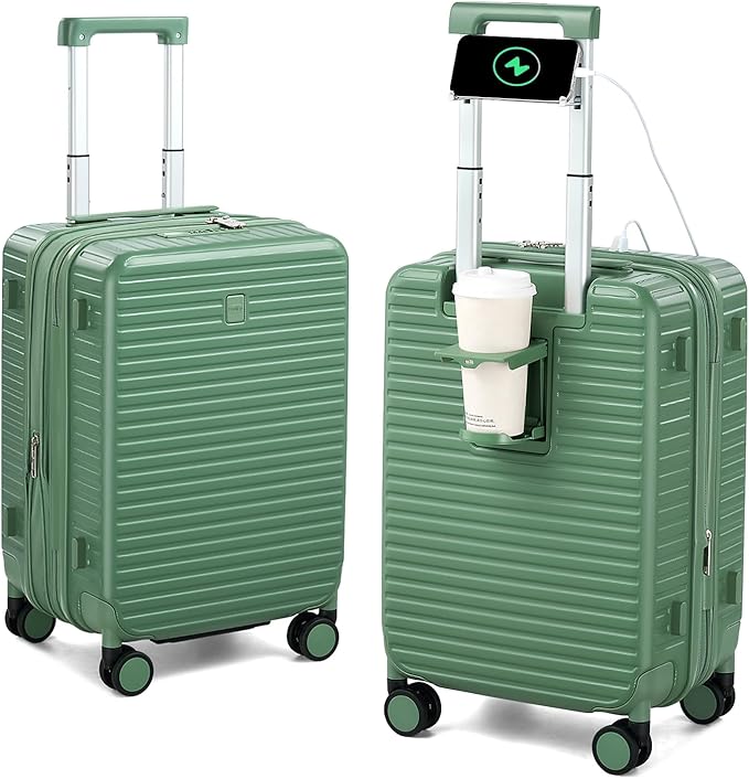 Hard Shell Suitcases Airline Approved 20 Inch Carry on Luggage, Expandable Travel Luggage with Cup Holder Charger Built in, Small Lightweight Suitcases with Wheels, Forest Green