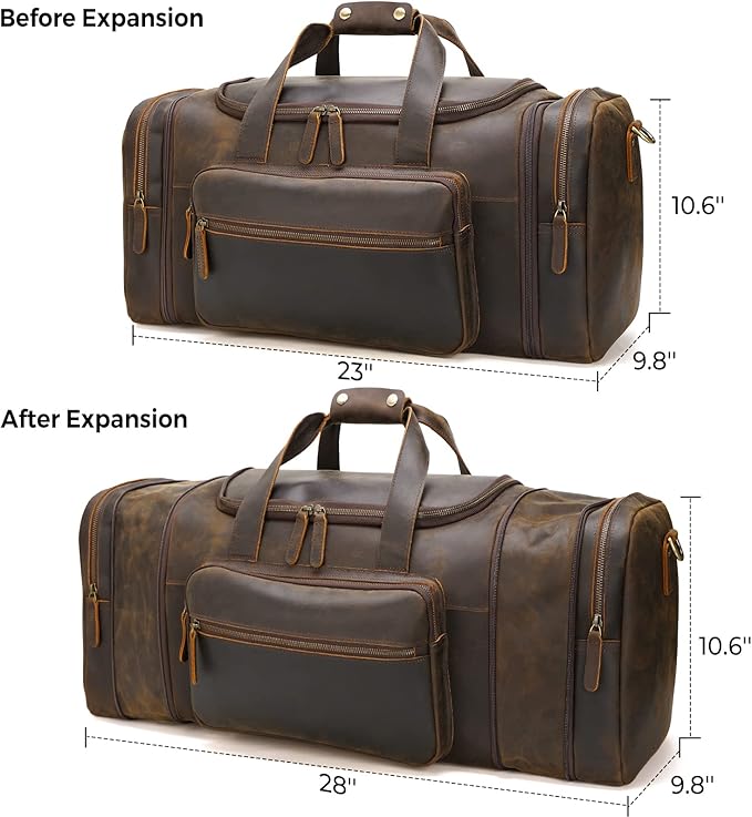 Polare 23'' Expandable to 28'' Full Grain Cowhide Leather Vintage Duffle Weekender Overnight Travel Duffel Bag For Men