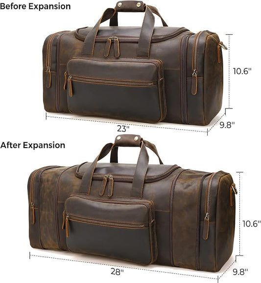 Polare 23'' Expandable to 28'' Full Grain Cowhide Leather Vintage Duffle Weekender Overnight Travel Duffel Bag For Men