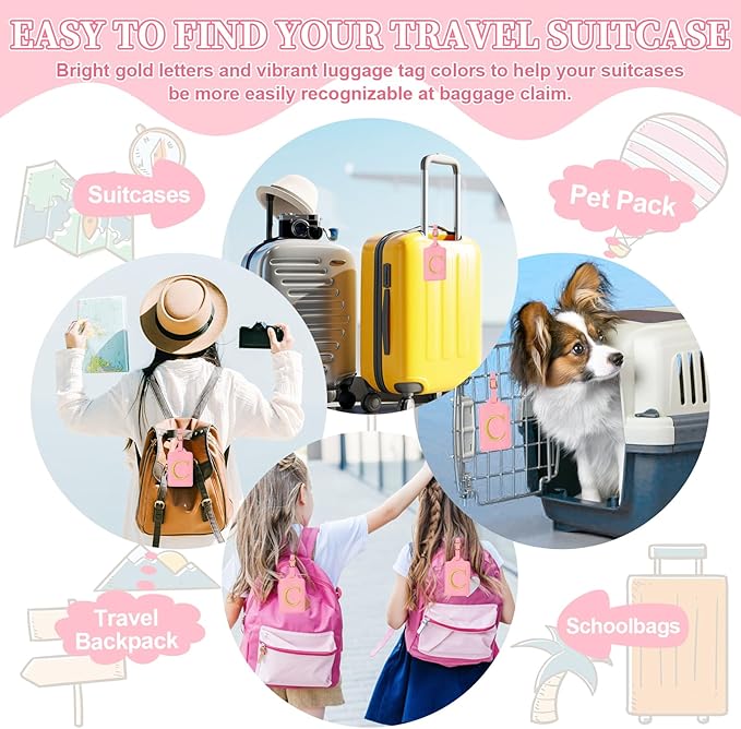 Personalized Initial Luggage Tags for Suitcase, Pink Leather Cute Luggage Tags with Privacy Cover Name Card, Embroidered Custom Monogrammed Luggage Tag Travel Bag Baggage Tags Gifts for Women Kids(C)