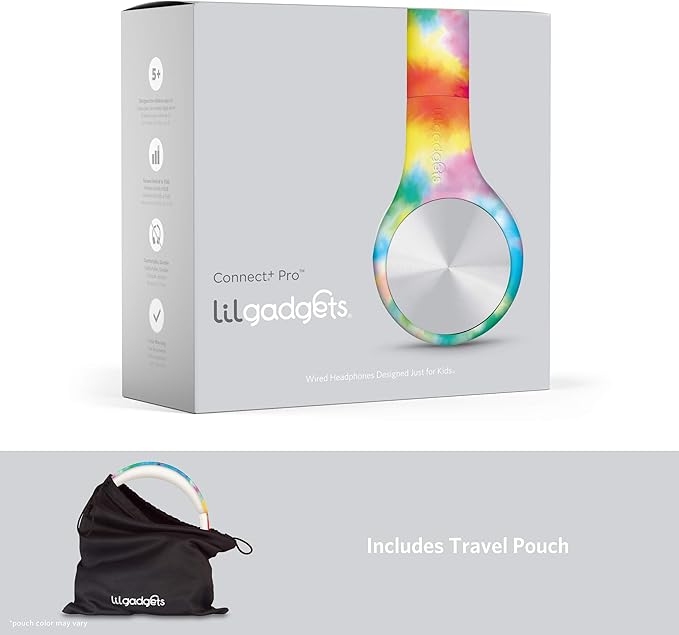 LilGadgets Connect+ Pro Wired Kids Headphones for School with Microphone, Volume Limiting Over-Ear Headset with Cord, SharePort Technology & SoftTouch Padding, Tie Dye Rainbow