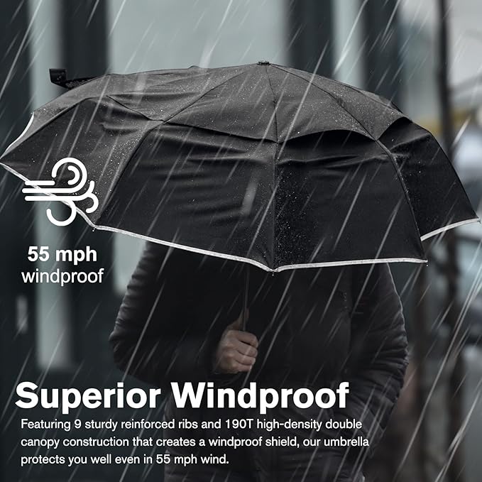 G4Free 42 Inch Eco Windproof Folding Umbrella for Rain & Sun 9 Ribs Wind Resistant Strong Fiberglass Double Canopy with Reflective Strip for Women Men Auto Open Close For Car & Backpack