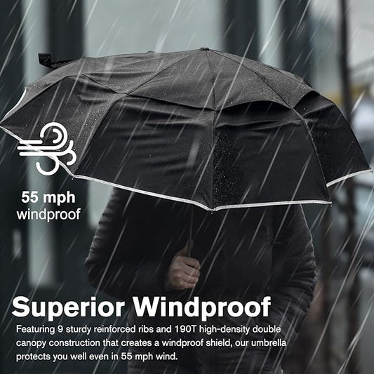 G4Free 42 Inch Eco Windproof Folding Umbrella for Rain & Sun 9 Ribs Wind Resistant Strong Fiberglass Double Canopy with Reflective Strip for Women Men Auto Open Close For Car & Backpack