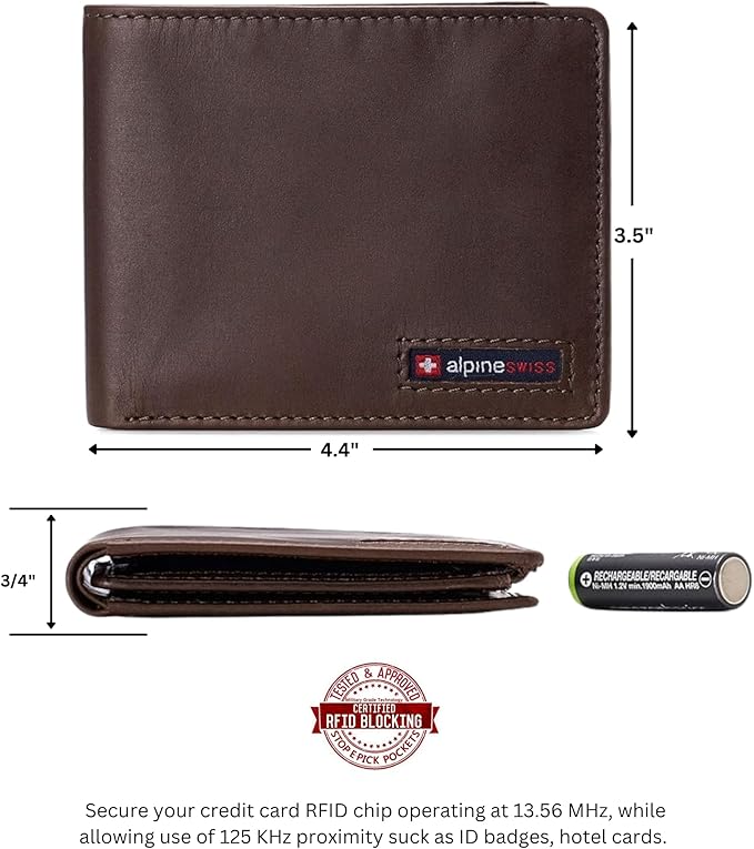 Alpine Swiss Mens Wallet for Men | RFID Protected Leather Mens Wallet | Spencer Bifold with Divided Bill Section | Gift Box | 2 ID Windows | 14 Card & Storage Pockets for Organization