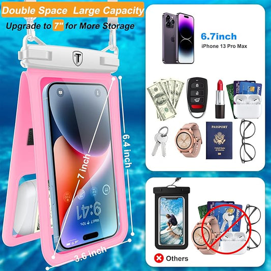 Takfox Double Space Waterproof Phone Pouch [2-Pack], Dual Large Cellphone Dry Bag Case for Samsung Galaxy S25 Ultra S24 S23 S22 A16 A15 A14 A36 iPhone 16 Pro Max Fit All Phones Up to 7"-Black/Pink