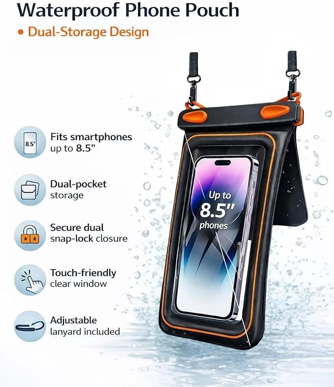 2 Pack Floating Phone Pouch with Dual Compartments, IPX8 Rated Waterproof Case for Rain, Beach, Boating & Kayaking, Clear Touch Screen, Fits Phones Up to 8.5”(Black-White)