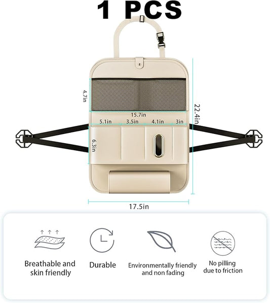 Car Seat Organizers,Multi-functional Back Seat Protectors, Storage Pouches, Child kicking prevention and Tray Holders (for Cars, Kids, Seat Back and Rear Seats) (Beige, 1 Pcs)
