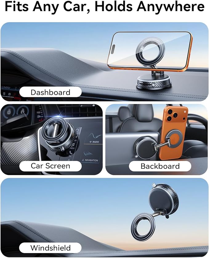 Car Phone Holder for Magsafe Car Mount [108+LBS Strongest Suction & 3000gf Magnetic] Vacuum Magnetic Phone Holders for Your Car 360° Adjustable Carbon Fiber Car Phone Mount for iPhone & Android Grey