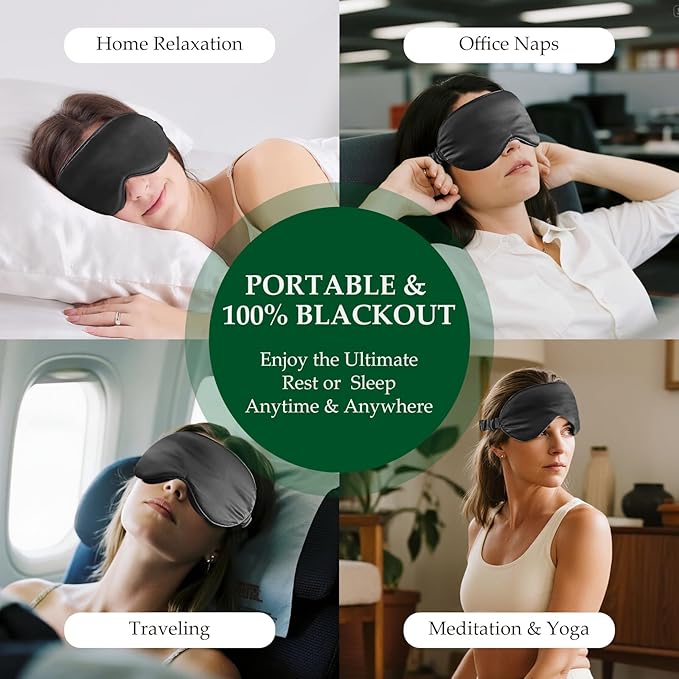100% 22 Momme Mulberry Silk Sleep Mask with Adjustable Strap, 3D Contoured Cup Silk Eye Mask for Sleeping, Total Black Out, Black