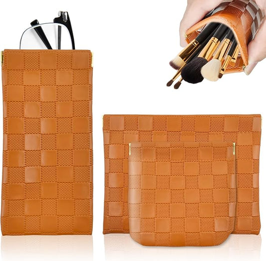 3PCS Small Makeup Bag for Women, Mini Cosmetic Bags Leather Pocket Pouch Purse,Snap Closure Waterproof Portable Bag,Checkered Storage Travel Bag for Lipstick Change Glasses Coin Cards (Brown)