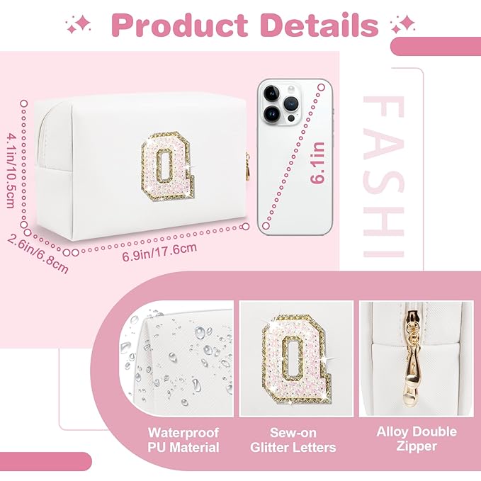 Small Initial Patch Makeup Bag Personalized Gifts Make Up Bag,White Cute PU Leather Glitter Letter Cosmetic Bag with Zipper,Trendy Portable Travel Toiletry Pouch,Preppy Stuff for Teen Girls Women Q