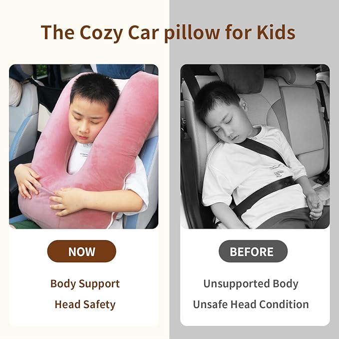 Car Pillow for Kids, Travel Pillow for Car, Toddler Travel Pillow for Sleeping Carseat Pillow for Adults, Removable and Washable Covers, Long Car Ride Essentials, Pink-Skin Friendly