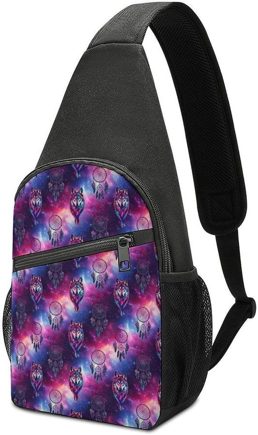 SWEET TANG Cool Sling Backpack for Men Women, Multipurpose Crossbody Shoulder Bag Dream Catcher Wolf Space Fantasy, Travel Hiking Zippered Daypack, Adjustable and Breathable