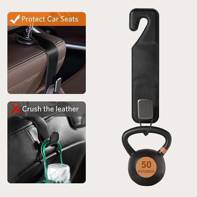 CoBak Headrest Hooks for Car - Universal Premium Stitched Leather and Aluminum-Magnesium Alloy Single Car Seat Back Storage Hook for Purses, Handbags, Bags (2 Pack), Black Texture