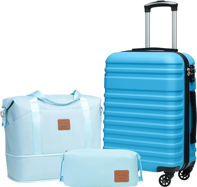 Coolife Suitcase Set 3 Piece Luggage Set Carry On Hardside Luggage with TSA Lock Spinner Wheels (Sky Blue, 3 piece set (DB/TB/20))