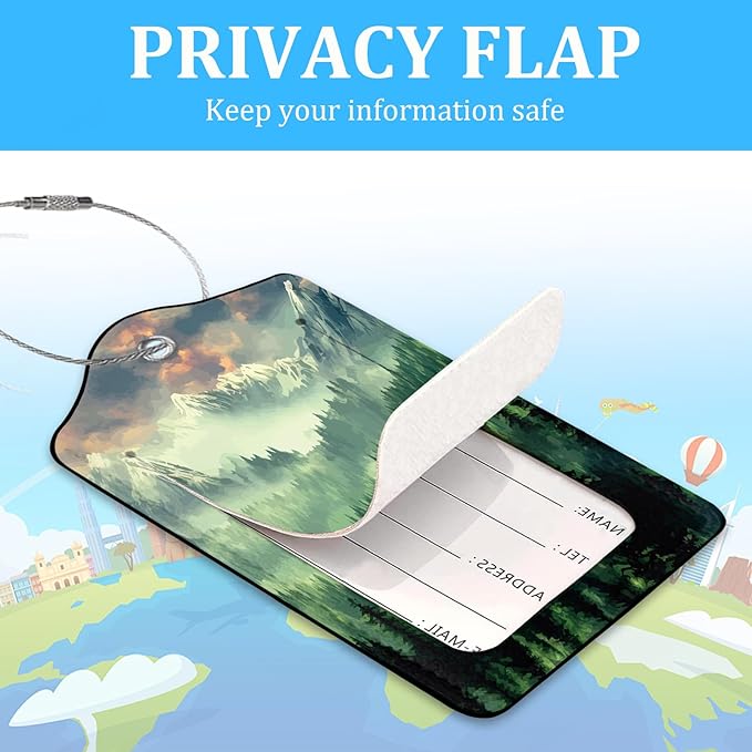 2 Pack Luggage Tag for Suitcase,Misty Forest Luggage Tag with PU Leather Privacy Cover ID Label & Stainless Steel Loop for Women Men Travel Bag Suitcase