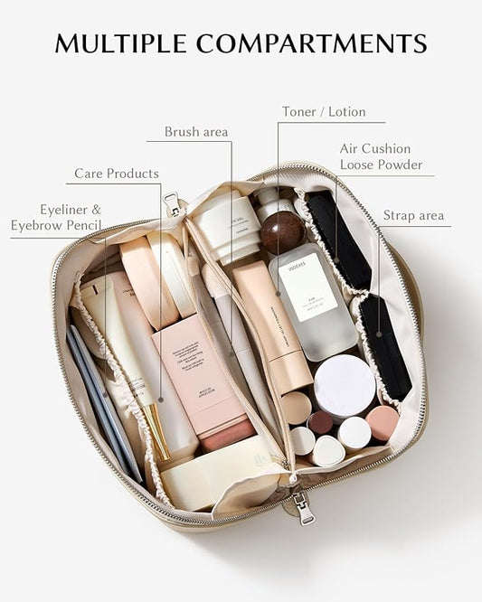 EACHY Makeup Bag,Large Capacity Travel Makeup Bag,Waterproof Portable Open Flat Toiletry Bag Cosmetic Bag with Divider and Handle
