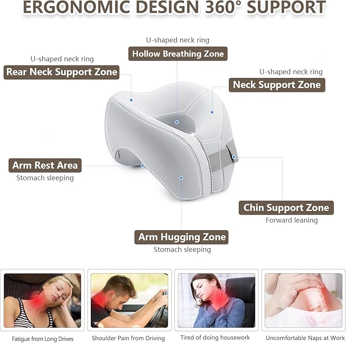 2in1 Ergonomic Memory Foam Travel Neck Pillow, Travel Pillow for All Sleep Positions on Flights, Road Trips, and Long Distance Travel with Drawstring Bag (Adjustable Hook & Loop Tape)