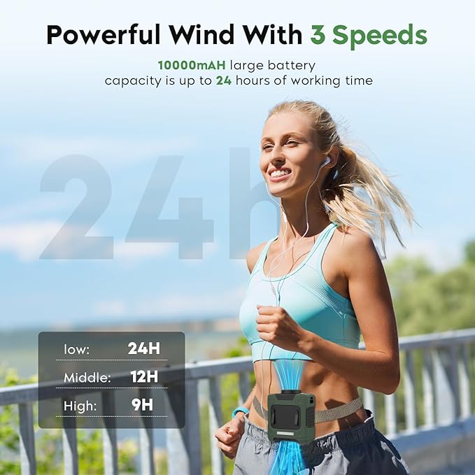 Portable Waist Fan 18000RPM Strong Airflow Waist Fan Belt fan With Max 12H Working Time 3 Speeds adjustment With LED flashlight Rechargeable Personal Fan for Outdoor Jobsite(Green)