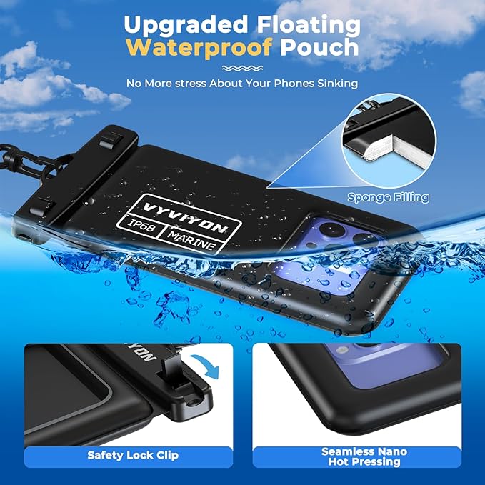Floating Waterproof Phone Pouch IPX8 Cellphone Dry Bags for Vacation Beach Pool Kayak Cruise Travel Essentials,Waterproof Phone Case for iPhone 16 15 Pro Max, Samsung S25 Ultra S24-2 Pack 8.0"