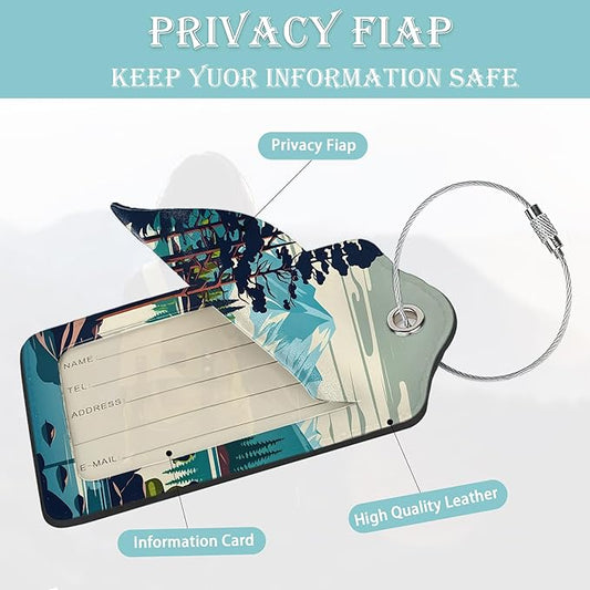 Luggage Tags for Suitcase,2 Pack Mountain Lake Forest Luggage Tag PU Leather Privacy Cover ID Label with Stainless Steel Loop for Women Men Teens Travel