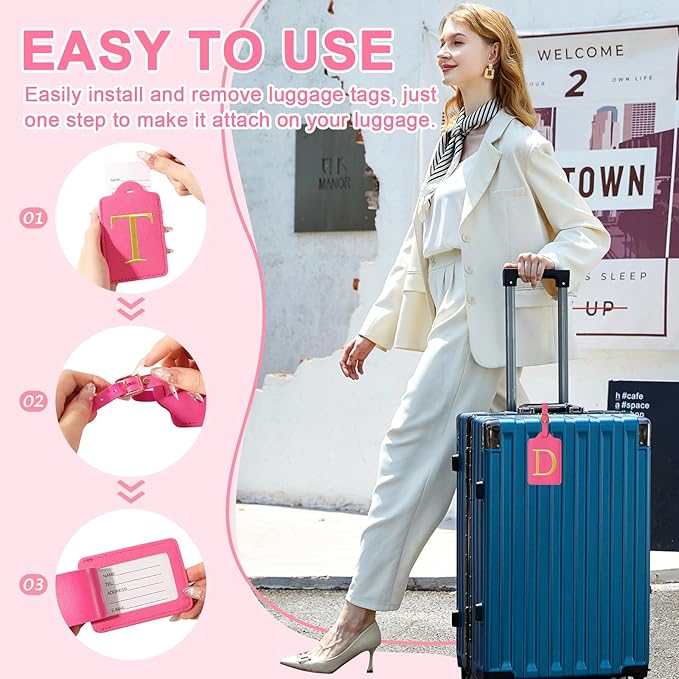 Personalized Initial Rose Red Leather Cute Luggage Tags with Privacy Cover Name Card, Custom Monogram Embroidered