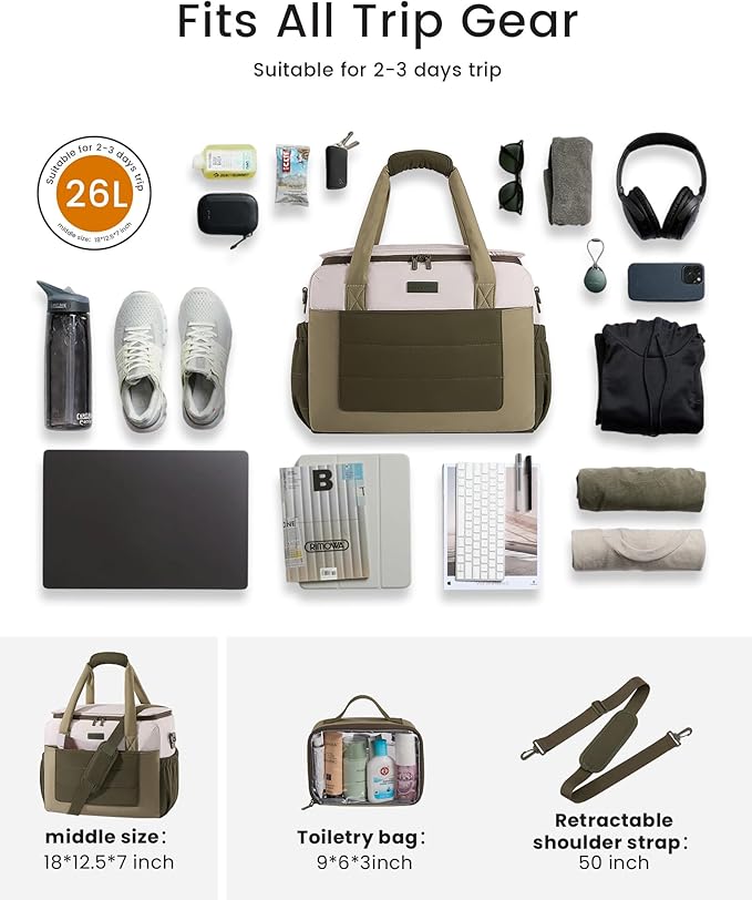 LOVEVOOK Weekender Bags for Women,Carry on Duffle Bag for Travel, Water-resistant Gym Bag with Wet Pocket,Overnight Travel Bag (Been Green, L)