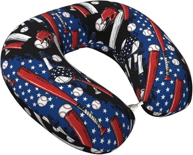 Neck Travel Pillow, Breathable Memory Foam Chin & Head Support Cushion Patriotic USA Retro American Flag Baseball Print Art for Airplane Car Sleeping Rest